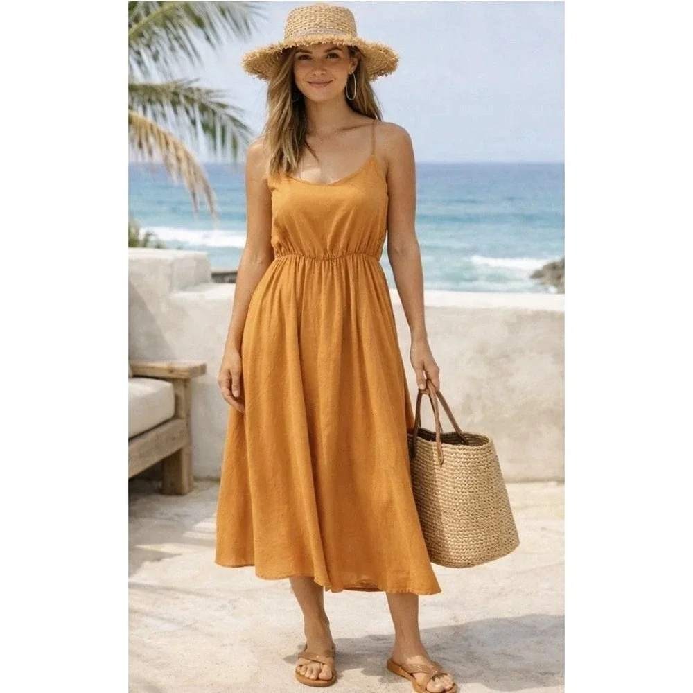 Outerknown Womens La Luna Cami Dress Golden Ochre Organic Cotton Silk Midi L